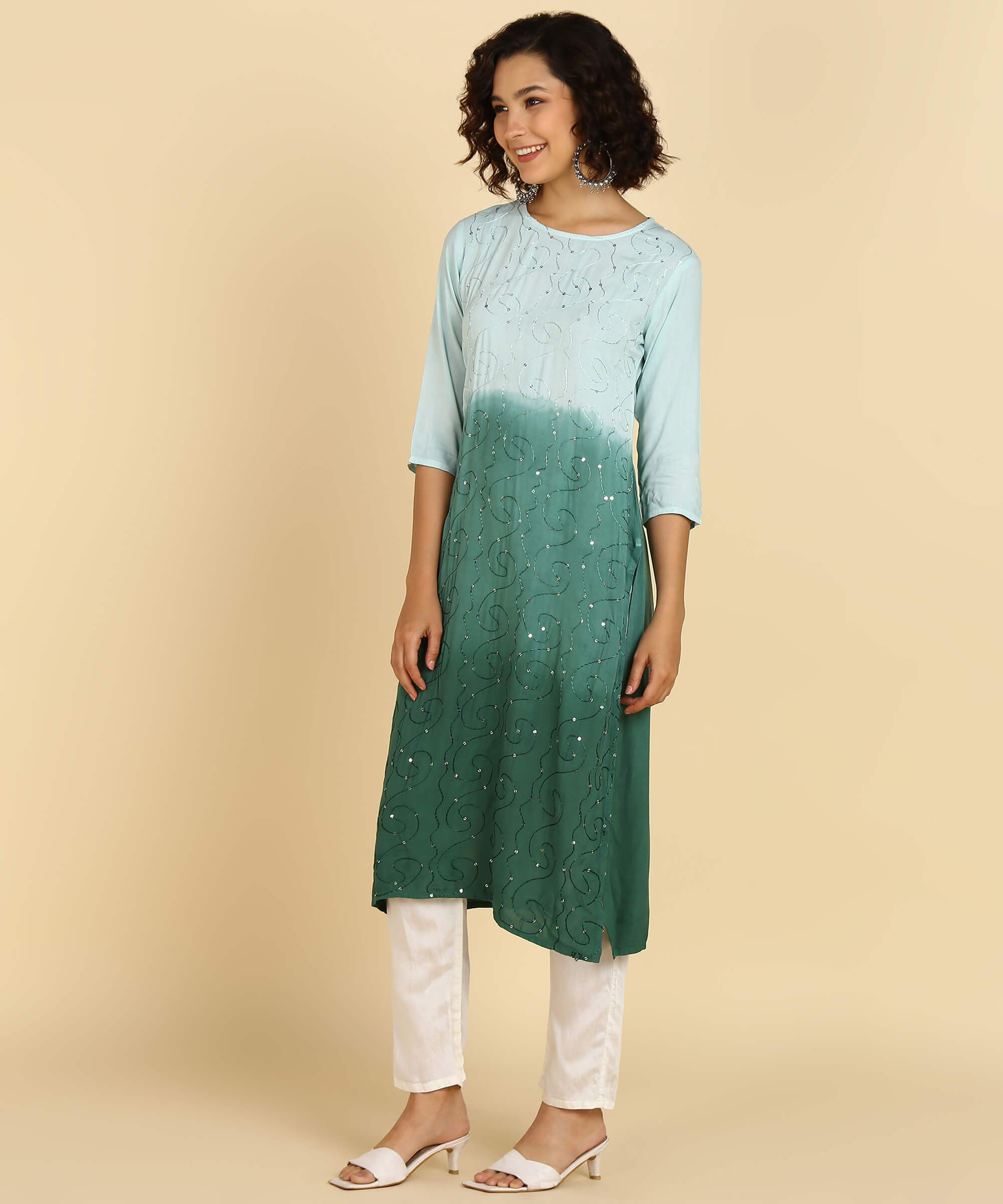 Rayon Ombre Green Tie Dye Straight Kurta With Adda Work (W1376)