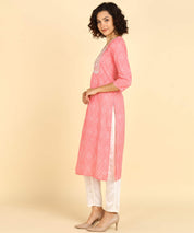 Pure Cotton Pink Bandhej Print Kurta with Zari Embroidery (W1391)