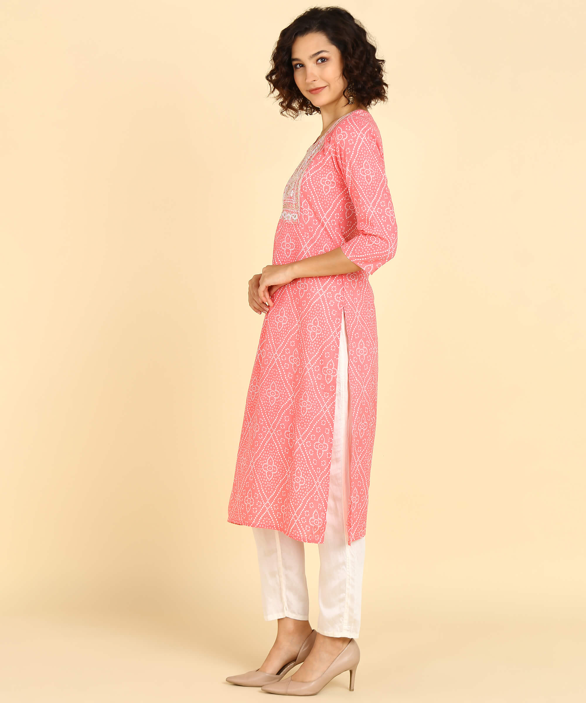 Pure Cotton Pink Bandhej Print Kurta with Zari Embroidery (W1391)