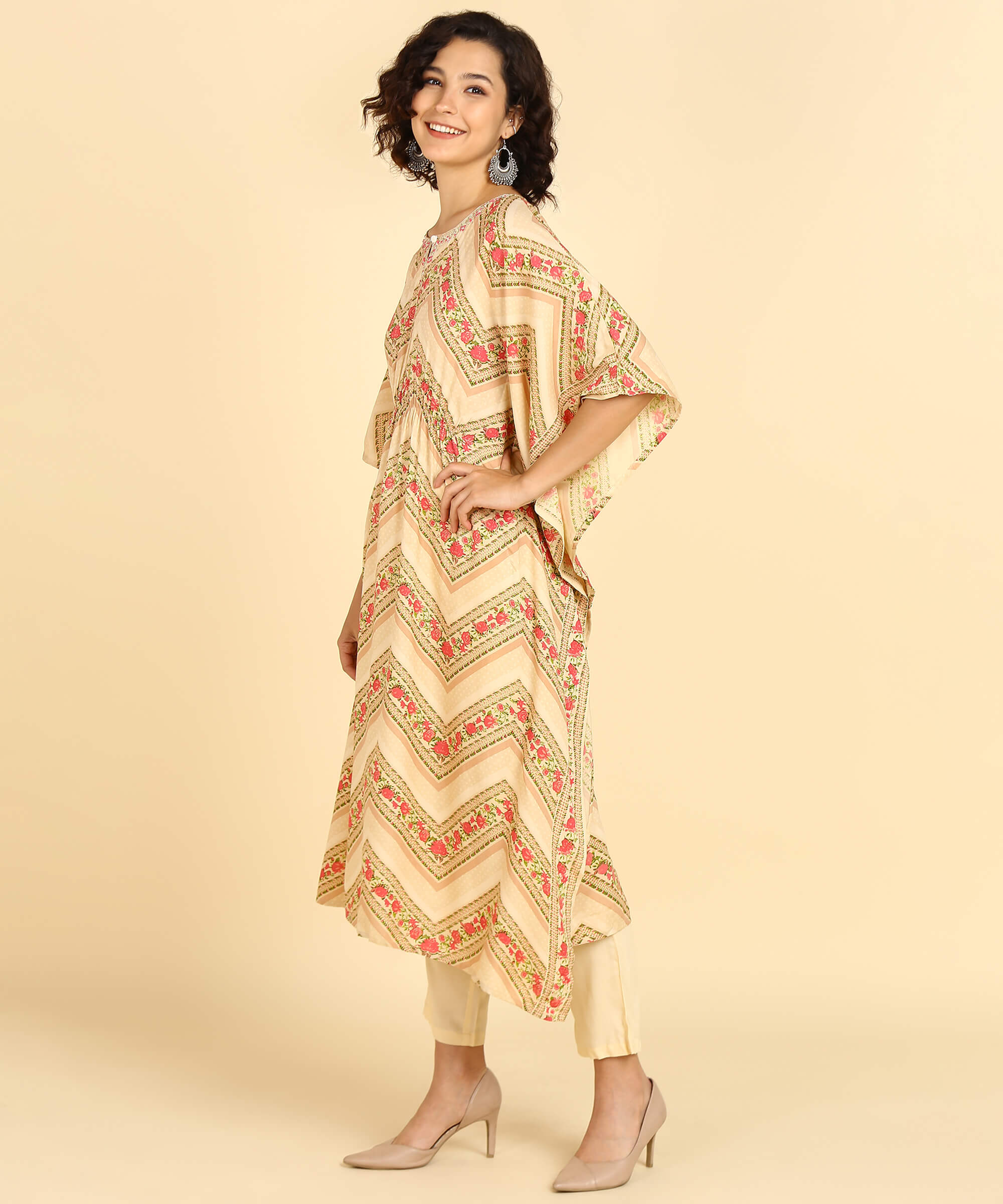 Rayon Brown Floral Print Kaftan Set with Adda Gotta Patti Work (W1393)