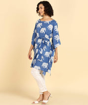 Jaipurhues Pure Cotton Blue Printed Kaftan Tunic With Hand Kantha Work (W1395)