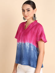 Half Sleeves Tie Dyed Invert Collar Rayon Top (W1471)