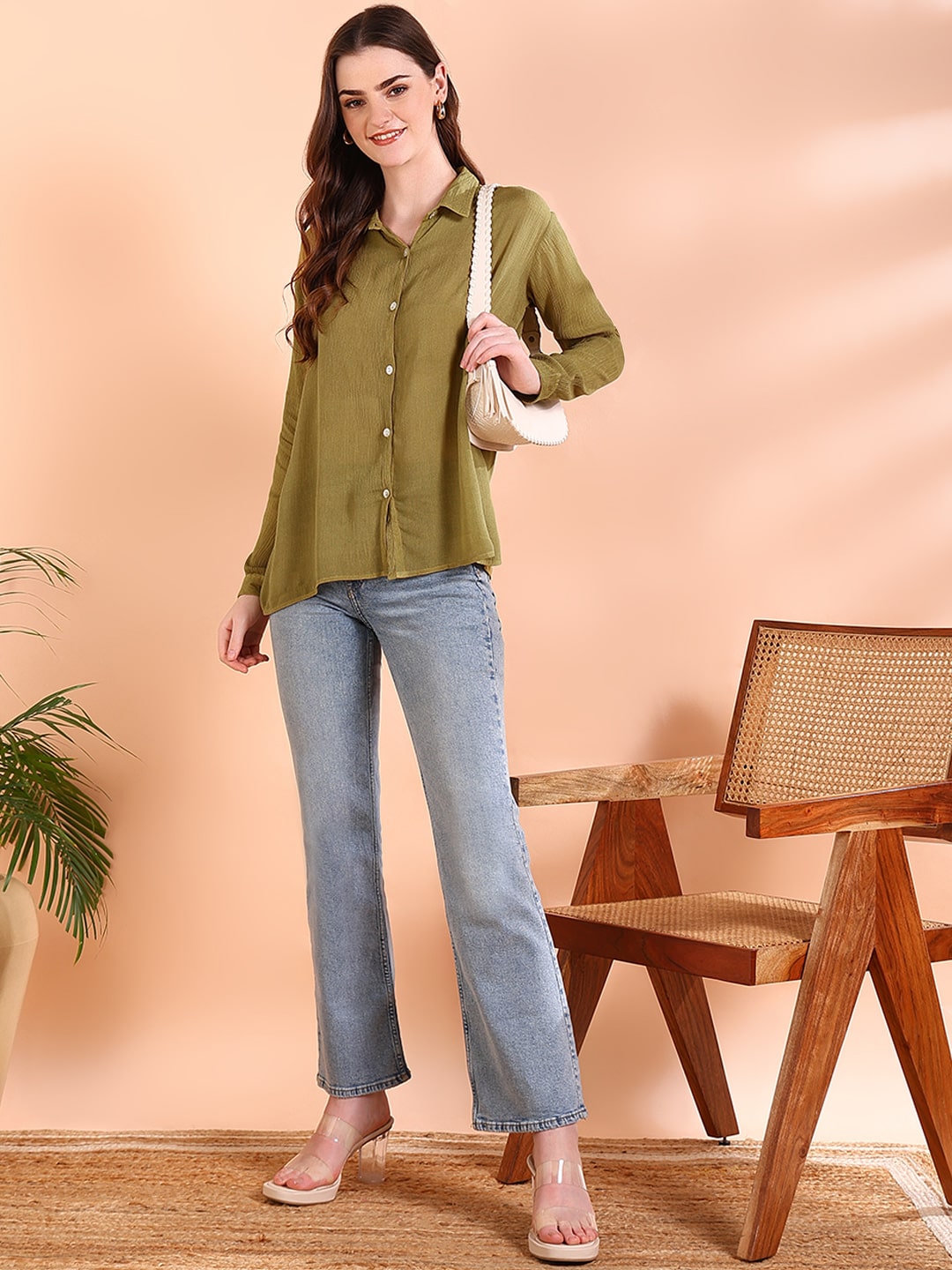 Olive Green Tie-Dye Crepe Loose Fit Shirt (W1557)