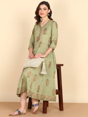 Pure Cotton Stylish Olive A-line Dress (W1070)