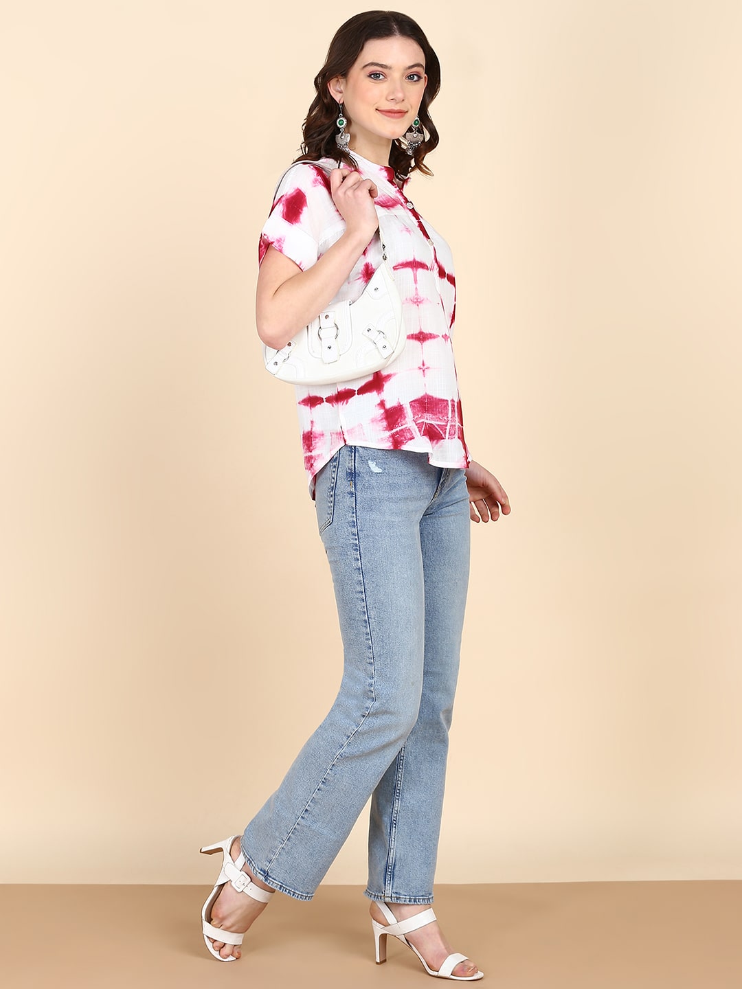 Half Sleeves Tie Dyed Fitted Rayon Top (W1488)