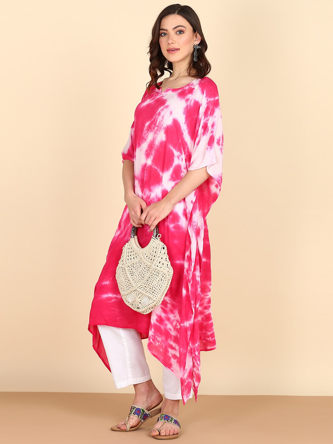 Rayon Tie Dye Pink And White Crepe Kaftan kurta (W1350)