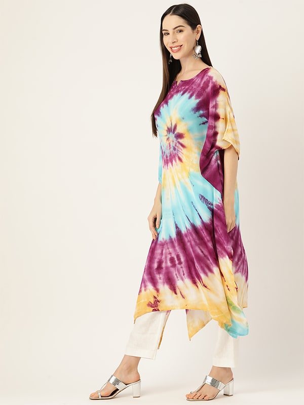 Rayon Tie Dye Spiral Pink Yellow Kaftan kurta (W1347)