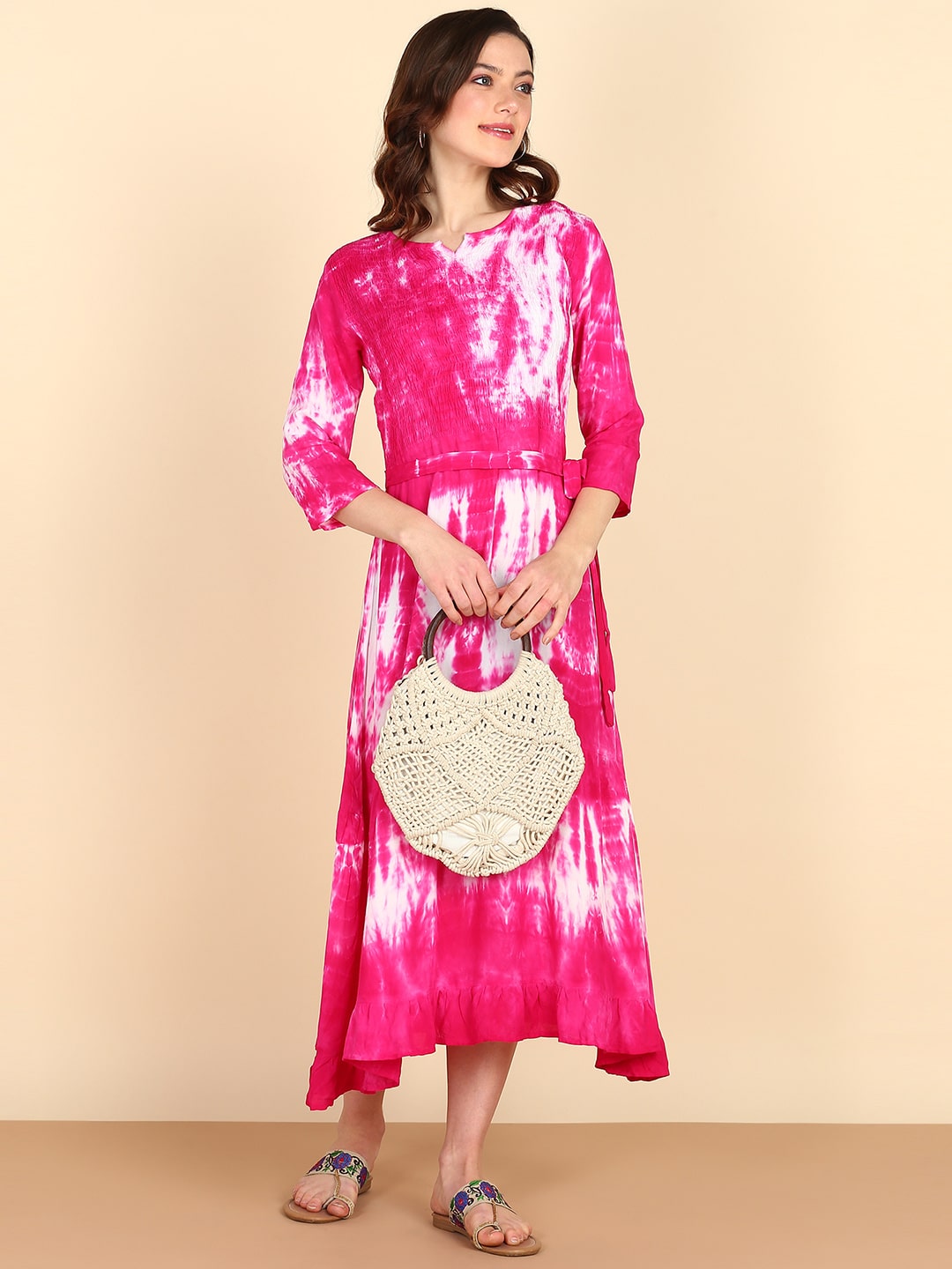 Rayon Abstract Tie Dye A-Line Pink Midi Dress With Tie-Up Closure (W1241)