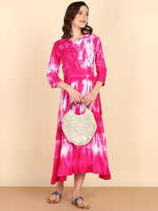 Rayon Abstract Tie Dye A-Line Pink Midi Dress With Tie-Up Closure (W1241)