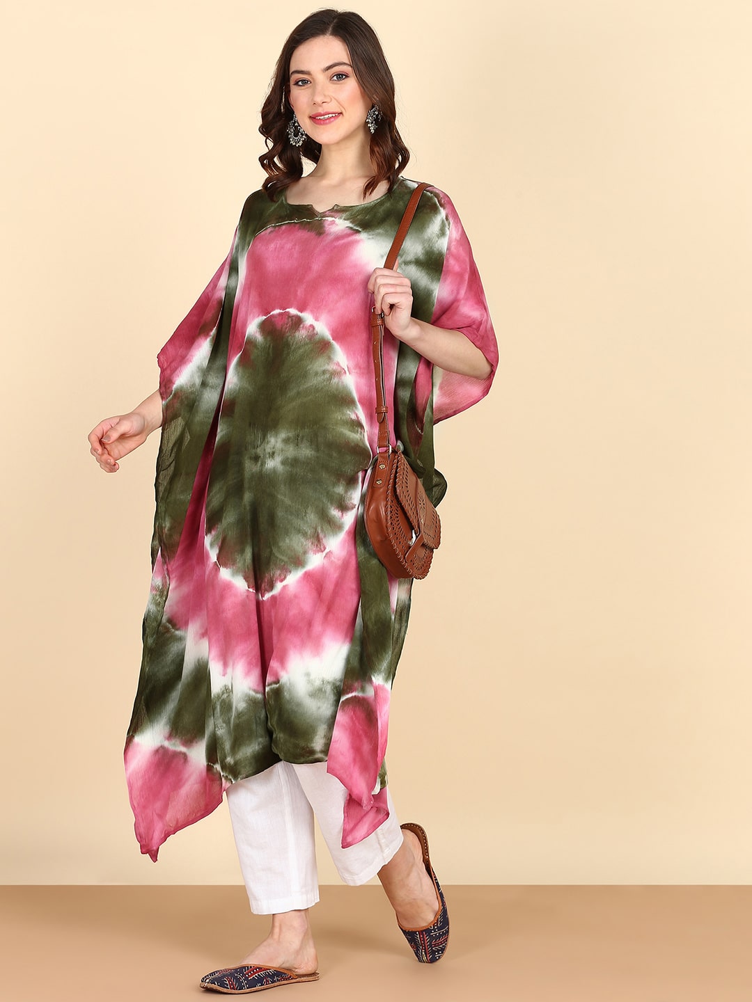 Rayon Tie Dye Pink Green Kaftan kurta (W1356)