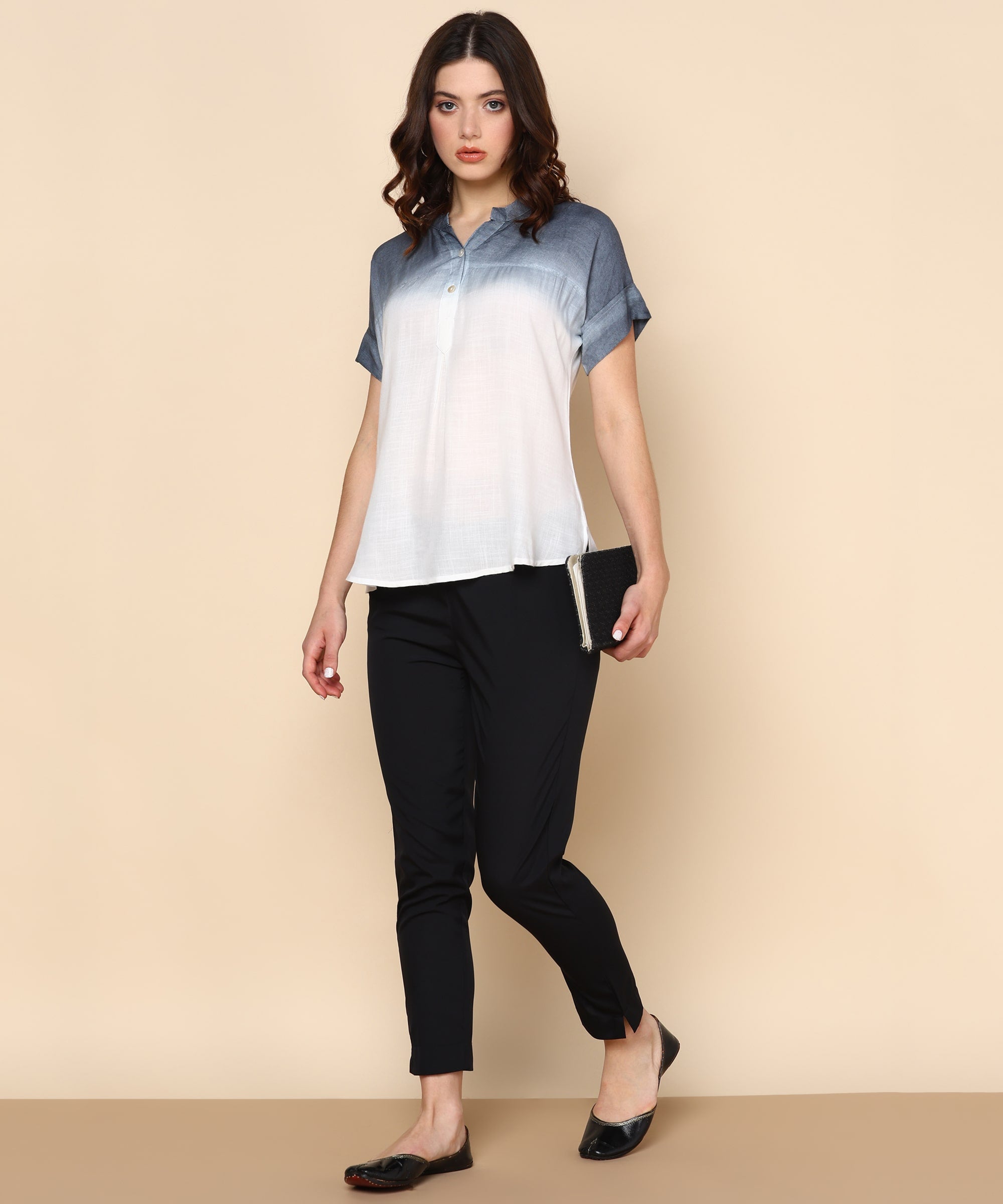 White and Smokey Grey Ombre Dyed Rayon Slub Top (W1422)