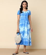 Rayon Tie and Dye Sky Blue A-Line Midi Dress (W1282)