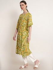 Green & Yellow Tie Dye Cotton Floral Print Kaftan Kurta (W1388)