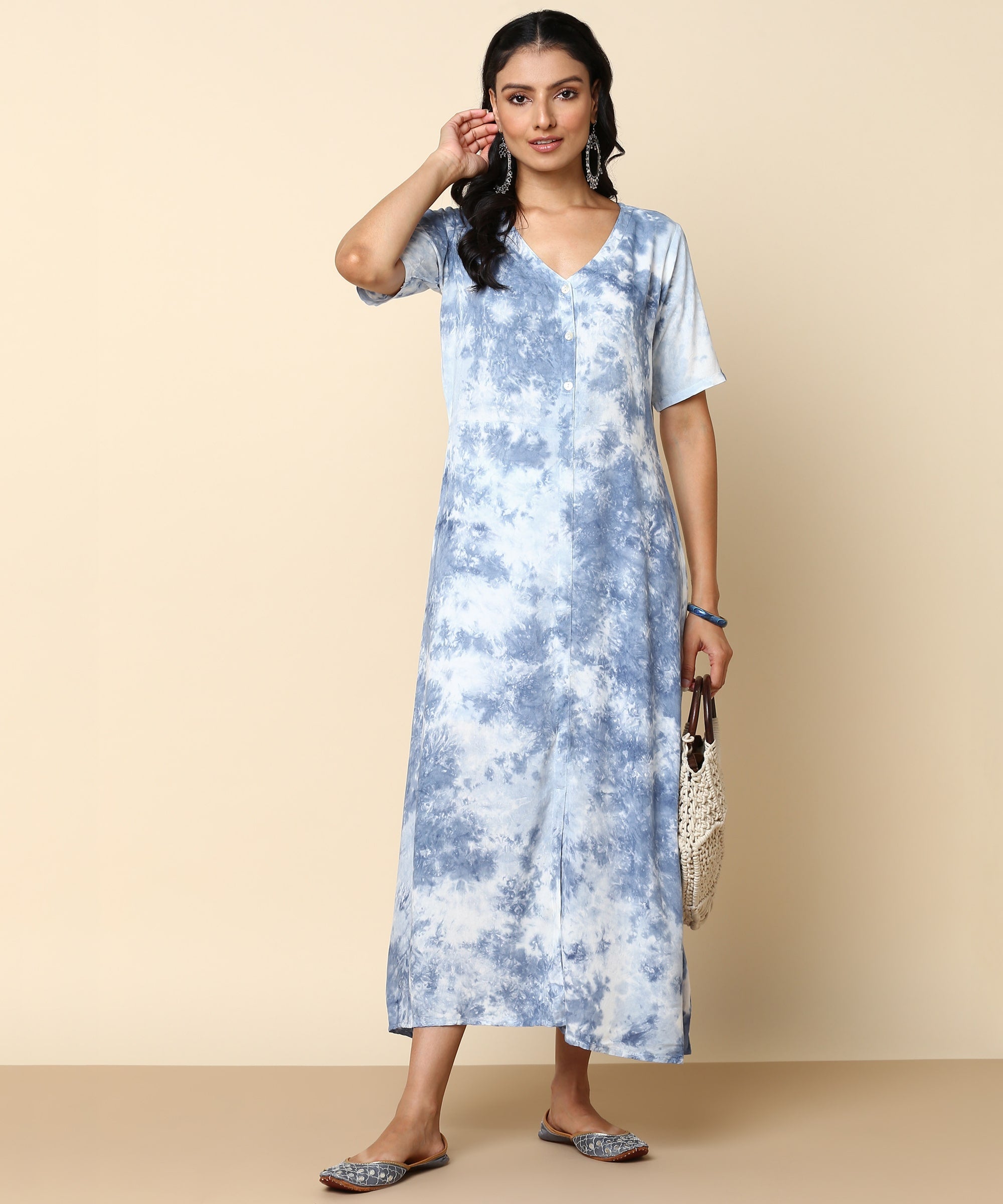 Rayon Tie Dye Grey Front Slit Full Placket Dress (W1274)