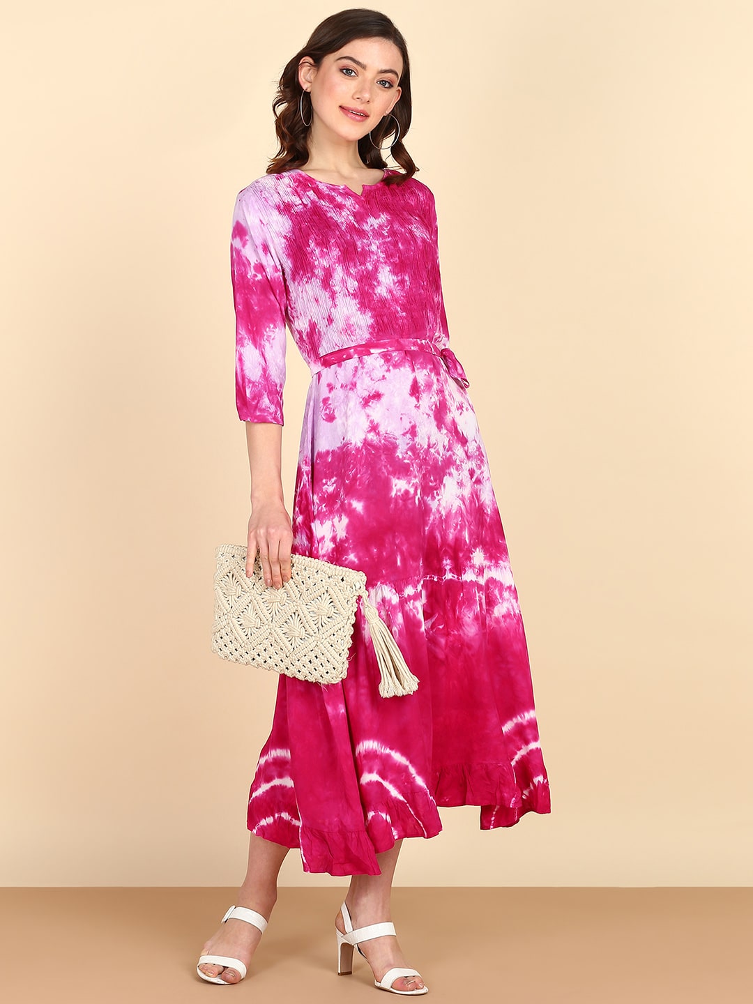 Rayon Tie dye Rose Pink Fit & Flare Belted Dress (W1268)