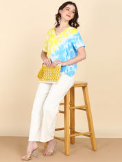 Half Sleeves Tie Dyed Front Pleated Rayon Top (W1474)