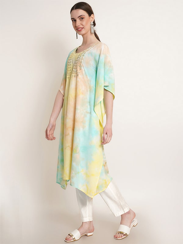 Pastel Yellow & Green Tie Dye Embroidery Work Rayon Staple Kaftan Kurta (W1385)