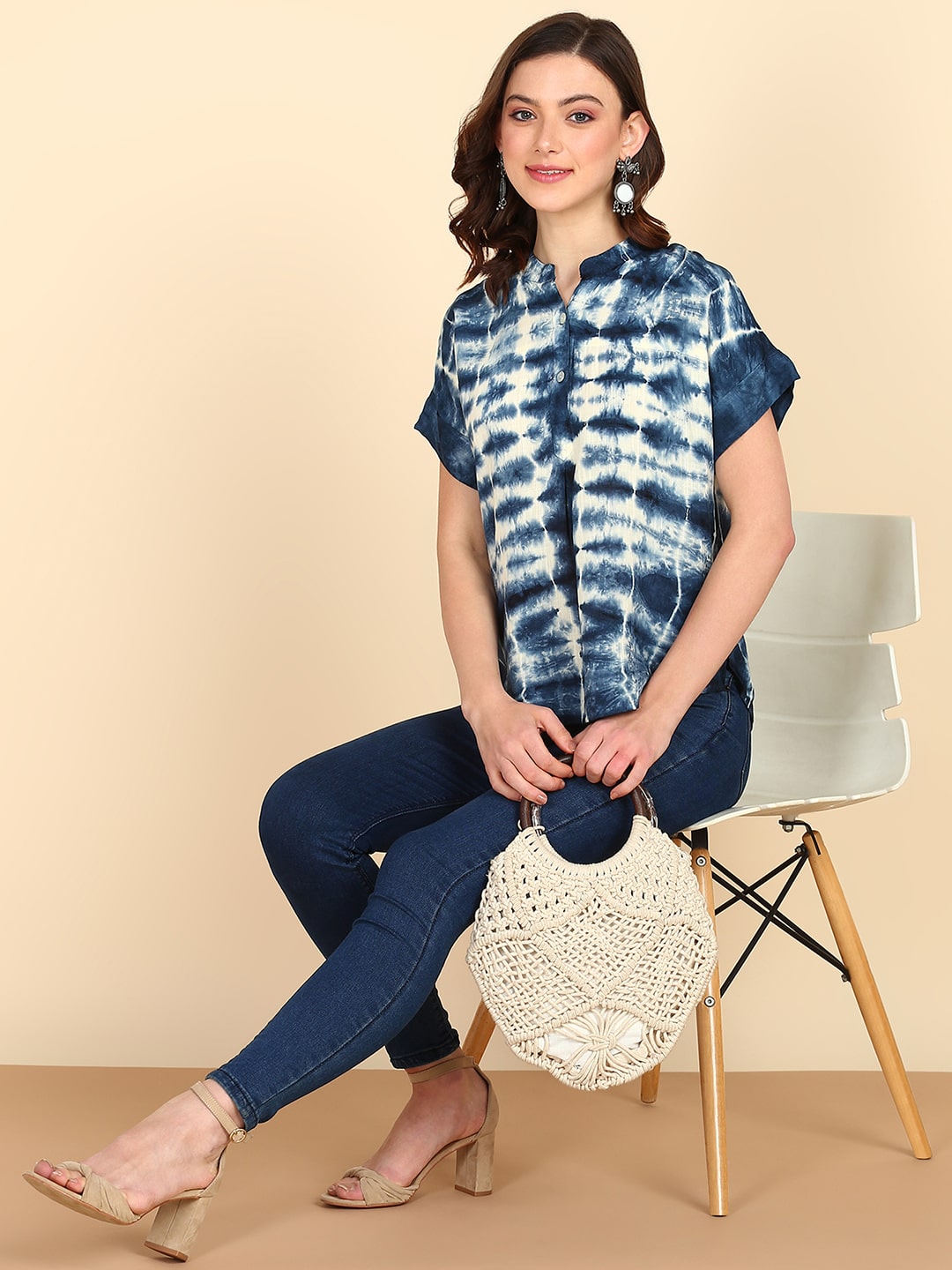 Rayon Tie Dye Blue Mandarin Collar Top (W1339)