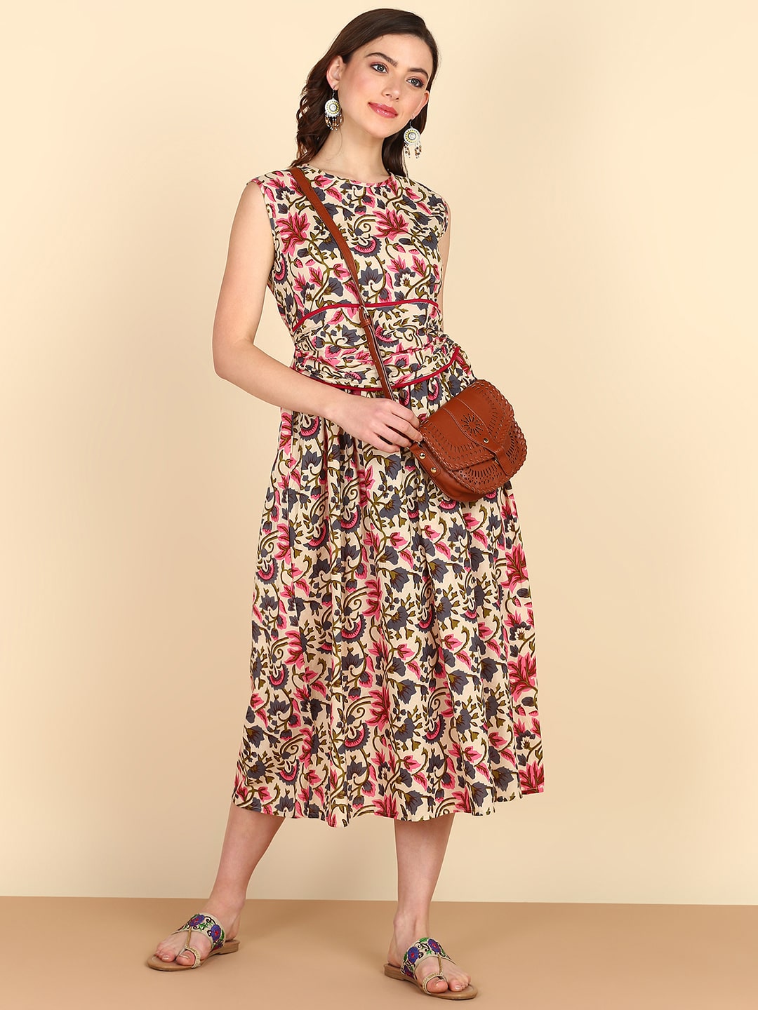 Pure Cotton Floral Printed Beige A-line Midi Dress (W1226)