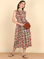 Pure Cotton Floral Printed Beige A-line Midi Dress (W1226)