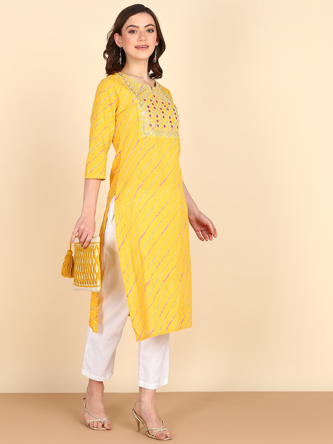 Yellow Pure Cotton Bandhej Print Kurti With Sequins Embroidery Work (W1363)