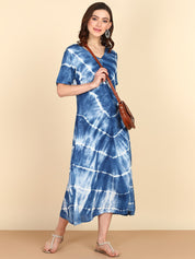 Rayon Tie Dye Blue A-Line Midi Dress (W1258)