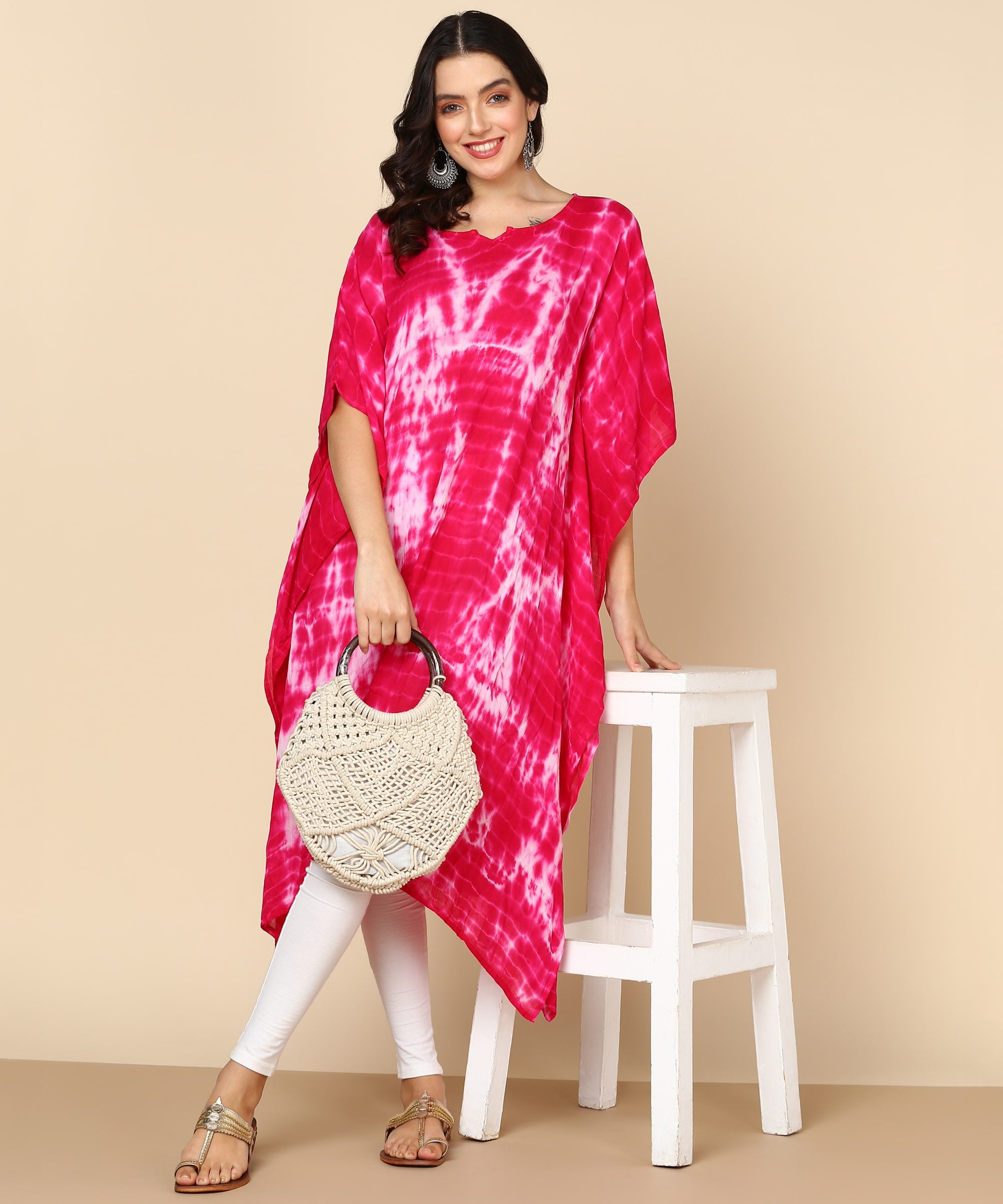 Rayon Crepe Tie Dye Pink Kaftan Kurta (W1123)