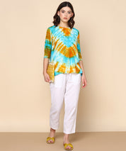 Teal and Mustard Circular Tie Dye Rayon Crepe Top (W1421)