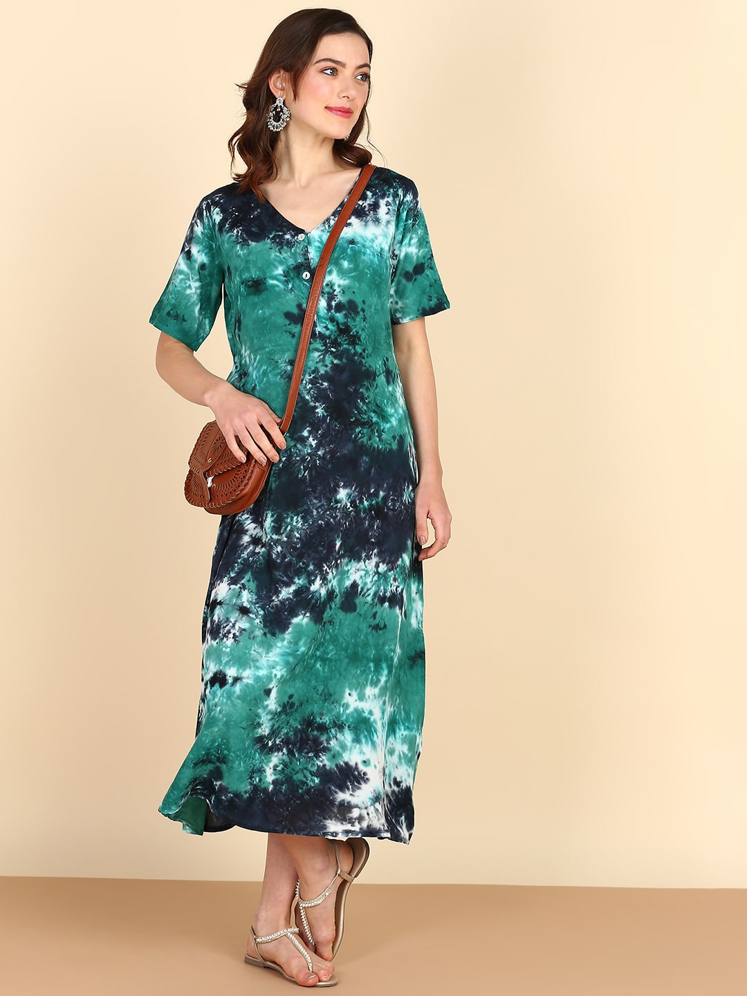 Rayon Tie Dye Sea Green A-Line Midi Dress (W1257)