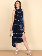 Rayon Tie Dye Blue  Halter Front Slit High Low  Dress (W1243)