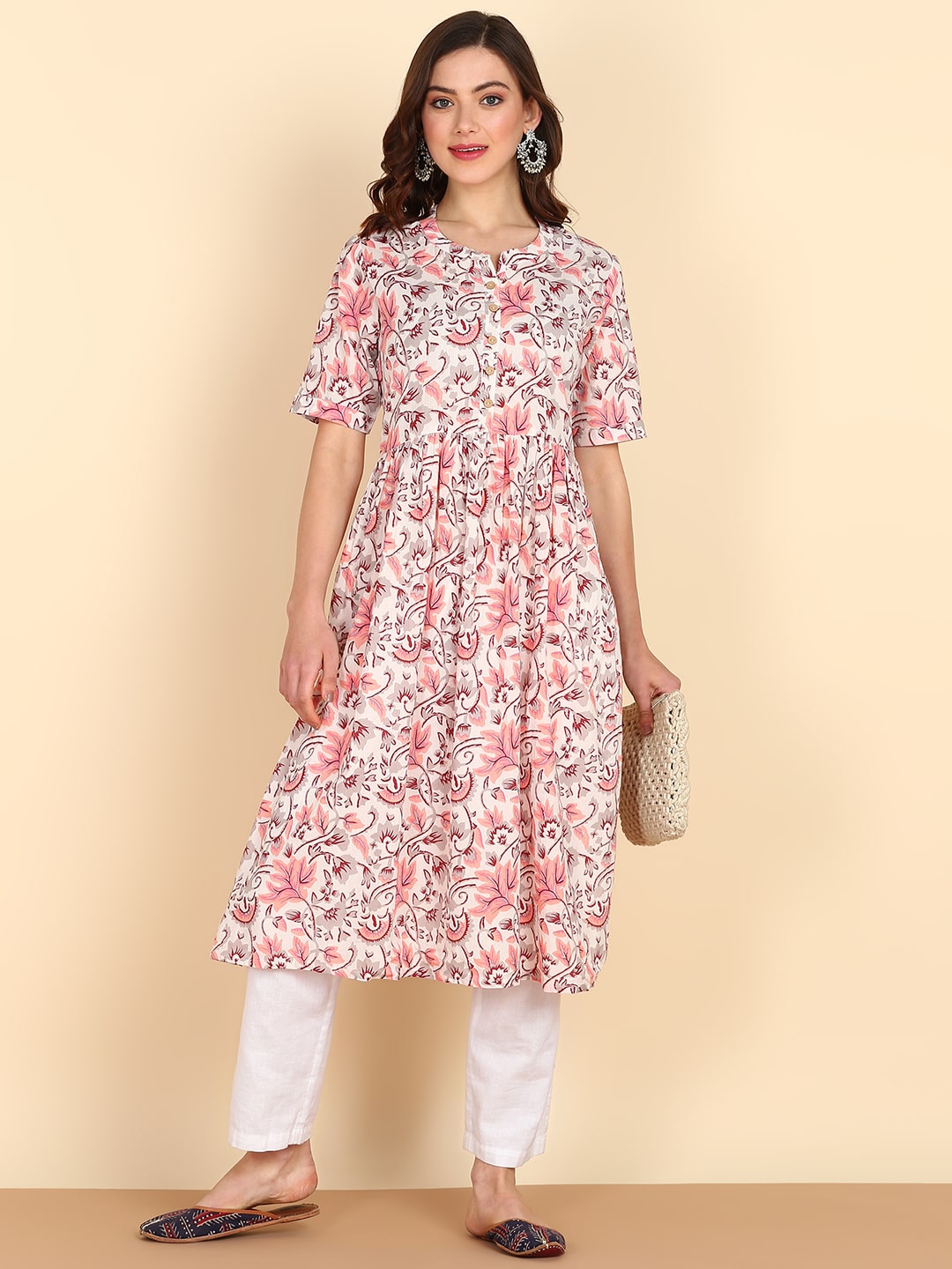 Pure Cotton Ethnic Motifs Printed Off White Kurta (W1231)