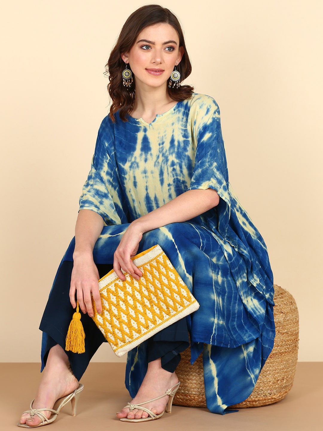 Rayon Tie Dye Blue And Light Green Kaftan kurta (W1351)