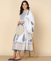 White Malmal Block Print Anarkali Dress with Dupatta (W1400)