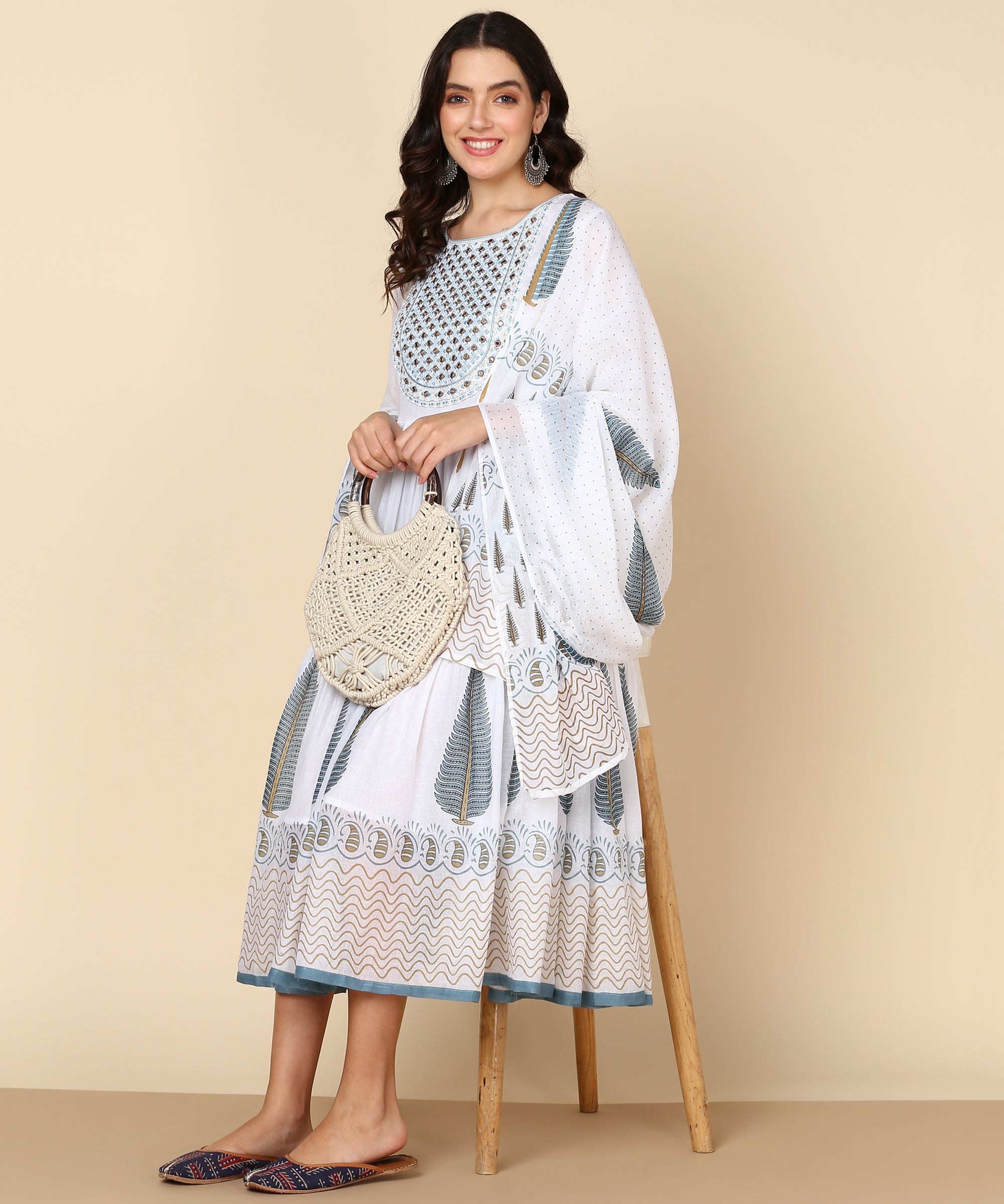 White Malmal Block Print Anarkali Dress with Dupatta (W1400)