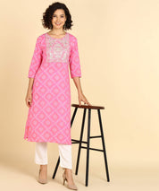 Pure Cotton Pink Bandhej Print Kurta with Zari Embroidery (W1392)