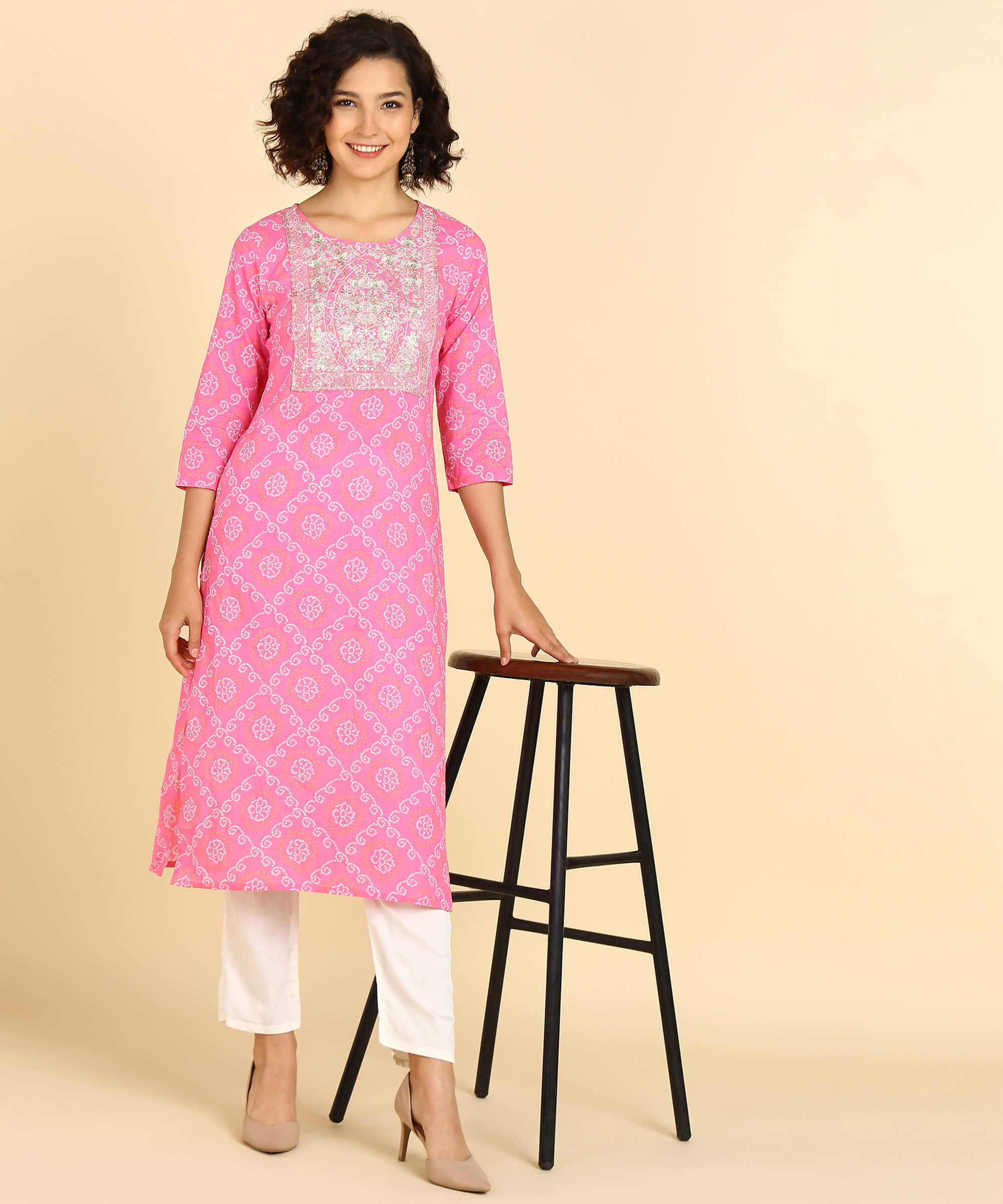 Pure Cotton Pink Bandhej Print Kurta with Zari Embroidery (W1392)