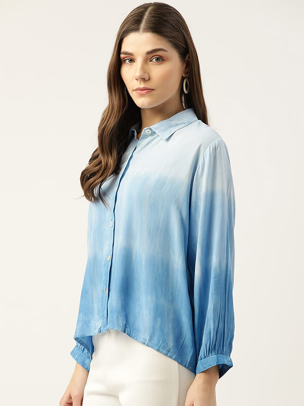 Rayon Hand Dyed Tie-Dye Blue Loose Fit Shirt (W1198)