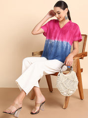 Half Sleeves Tie Dyed Invert Collar Rayon Top (W1471)