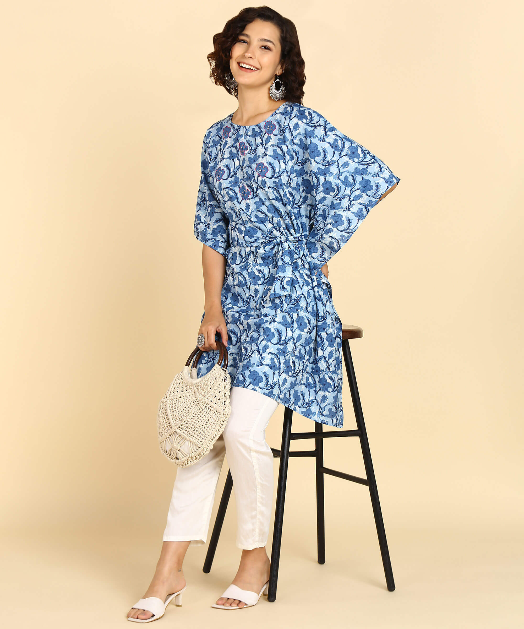 Pure Cotton Blue Printed Kaftan Tunic With Hand Kantha Work (W1397)