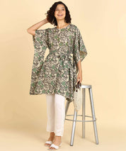 Pure Cotton Grey Printed Kaftan Tunic With Hand Kantha Work (W1396)