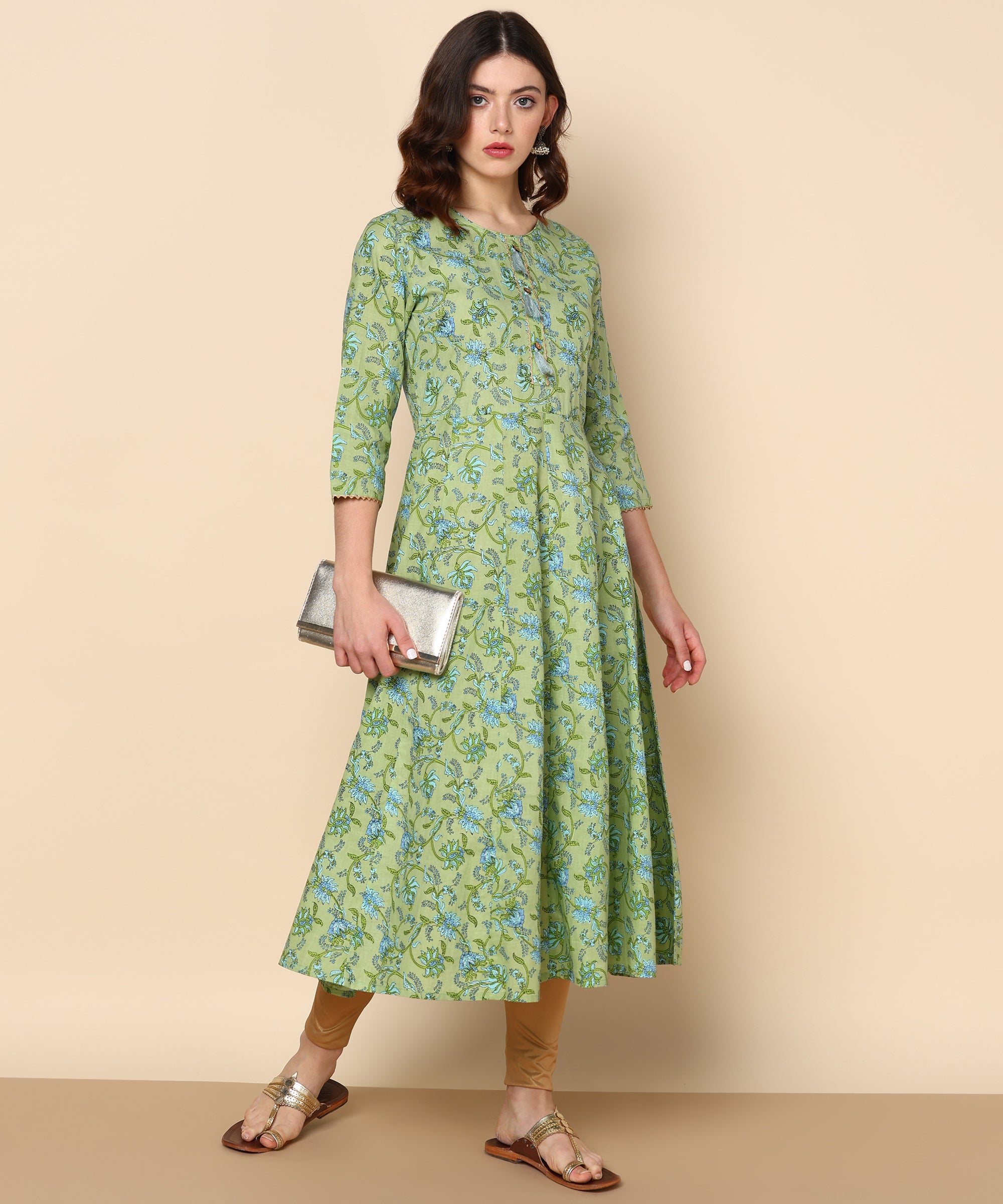 Pure Cotton Ethnic Printed Green Gotta Patti Anarkali Kurta (W1263)