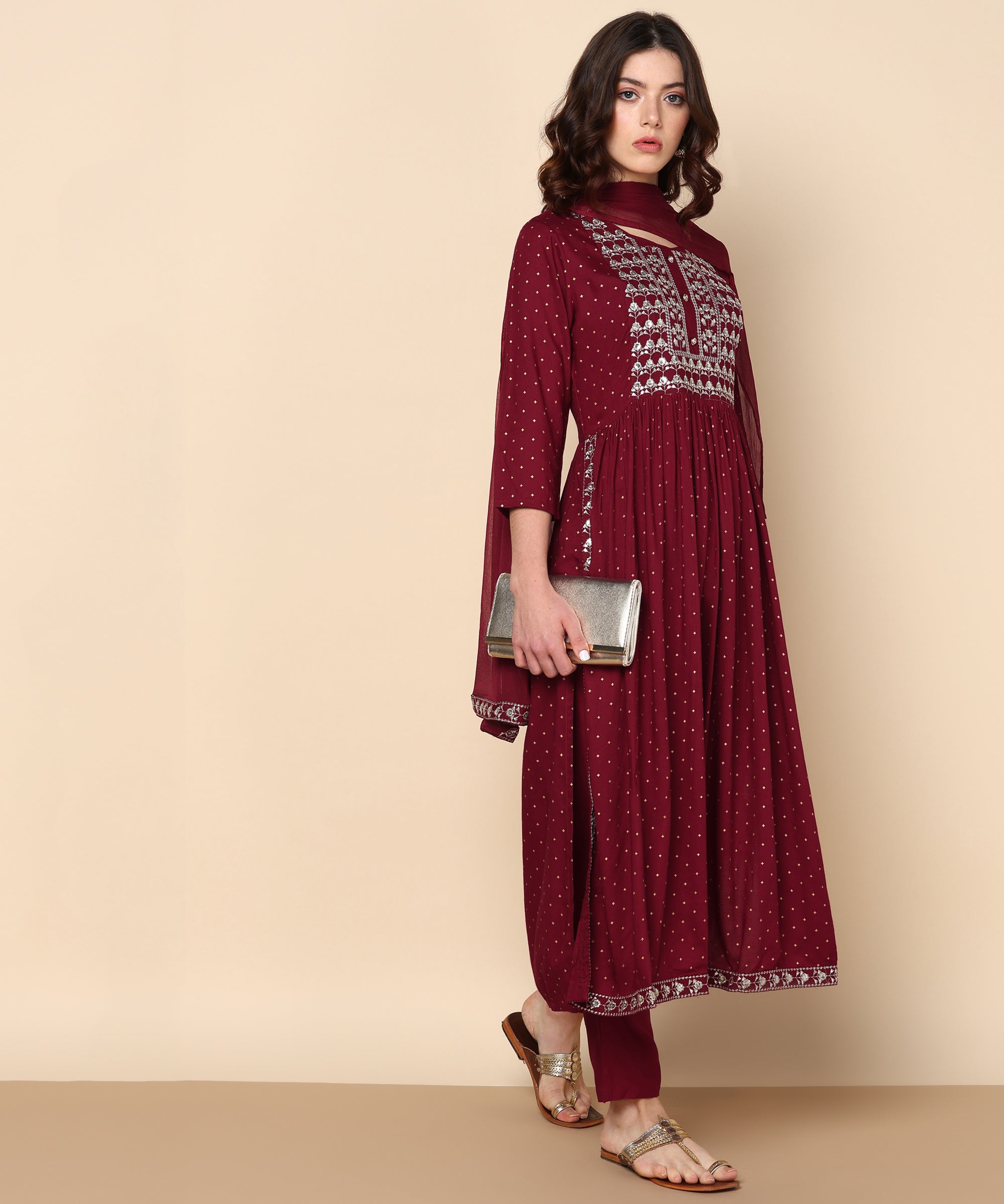 Rayon Maroon Anarkali Kurta set with Dupatta (W1312)