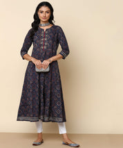 Pure Cotton Printed & Embroided Blue Anarkali Kurta (W1180)