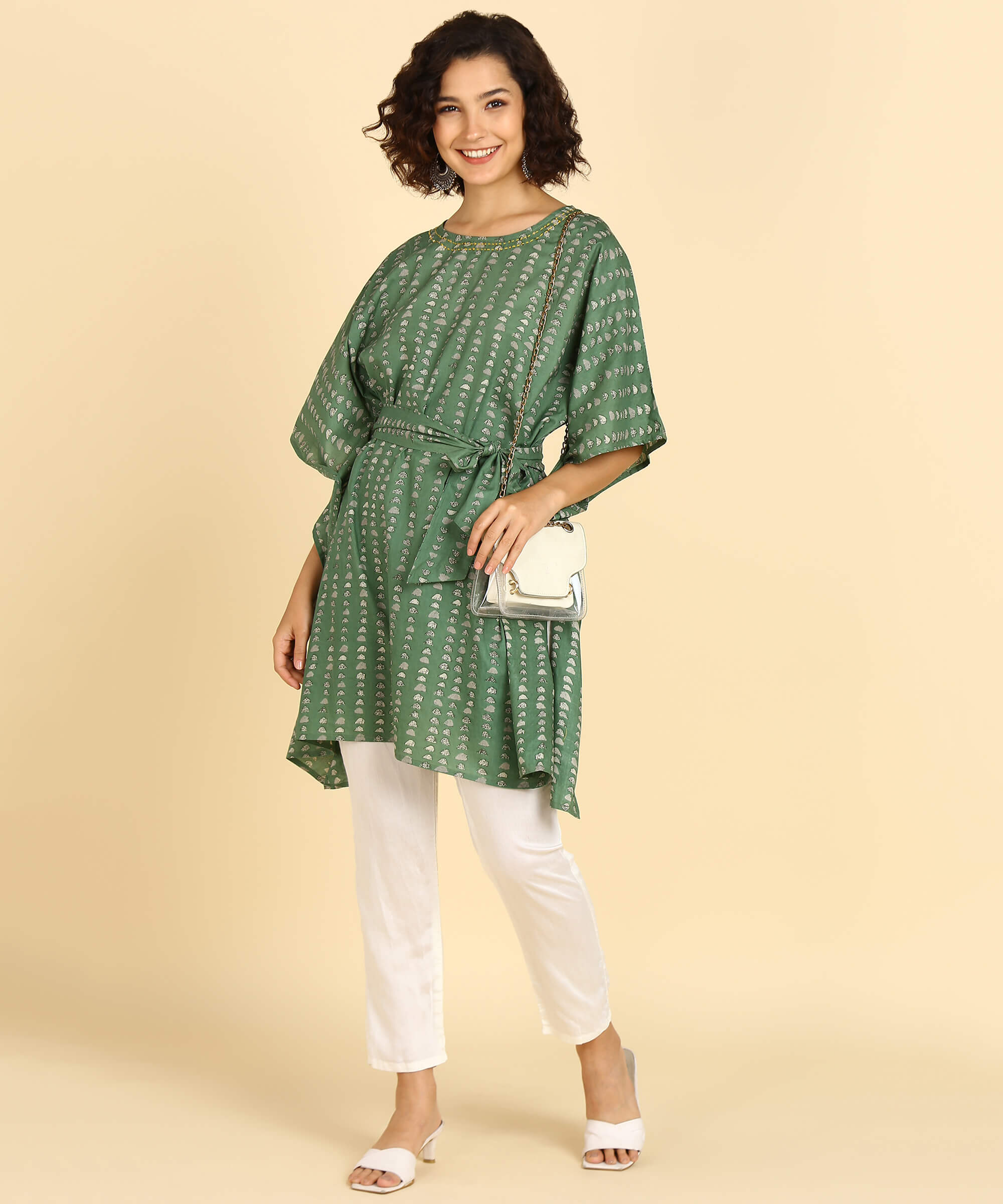 Jaipurhues Pure Cotton Green Printed Kaftan Tunic With Hand Kantha Work (W1394)