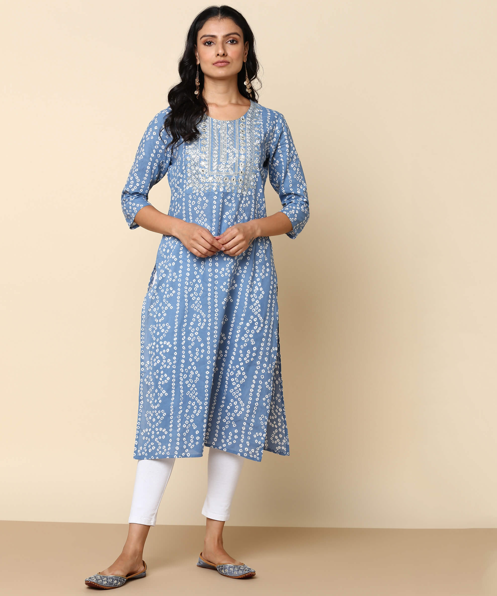 Pure Cotton Grey Bandhej Kurti With Sequins Embroidery Work (W1362)