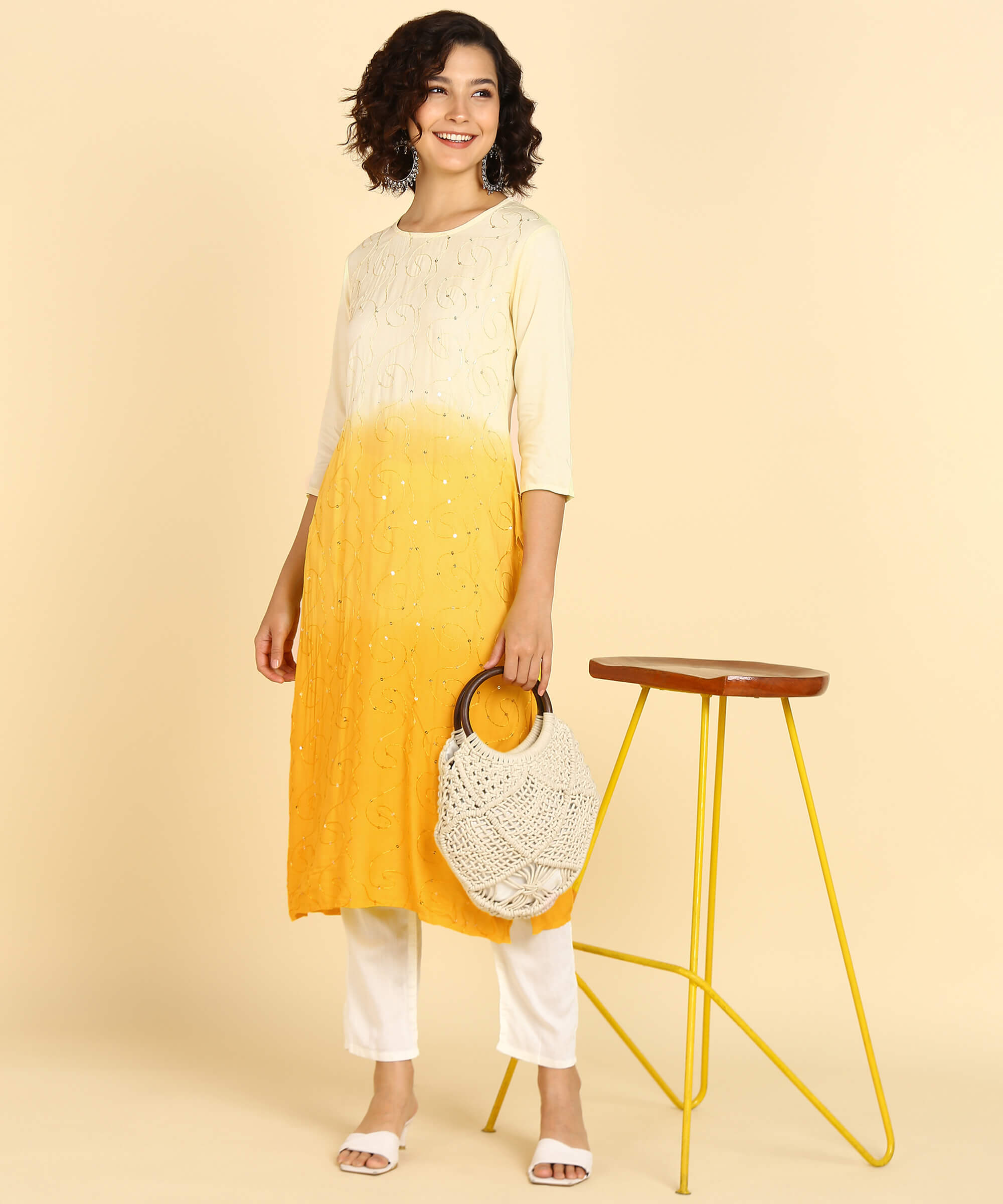 Rayon Ombre Yellow Tie Dye Straight Kurta With Adda Work (W1375)