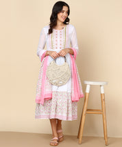 White Malmal Hand Block Print Anarkali Dress with Dupatta (W1401)