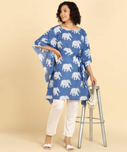 Jaipurhues Pure Cotton Blue Printed Kaftan Tunic With Hand Kantha Work (W1395)