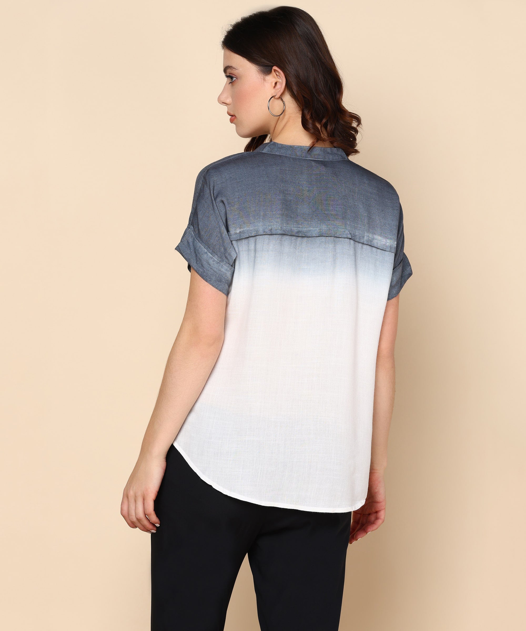 White and Smokey Grey Ombre Dyed Rayon Slub Top (W1422)