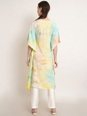 Pastel Yellow & Green Tie Dye Embroidery Work Rayon Staple Kaftan Kurta (W1385)